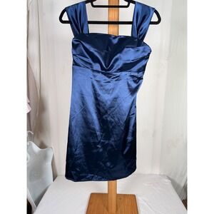 Navy Blue Satin Mini Dress Square Neck Cocktail Party Sleeveless Size 2 NEW